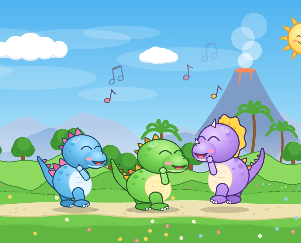 Tiny Dino the green baby dinosaur dancing with his friends Pip and Rosie in the Tiny Dino stomp song game for kids